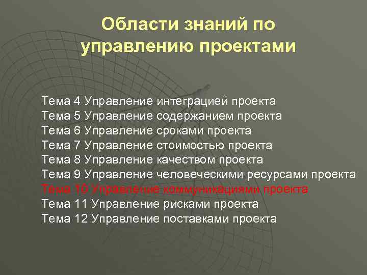 Области знаний по управлению проектами Тема 4 Управление интеграцией проекта Тема 5 Управление содержанием