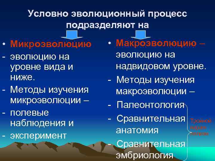 Условно эволюционный процесс подразделяют на • Микроэволюцию - эволюцию на уровне вида и ниже.