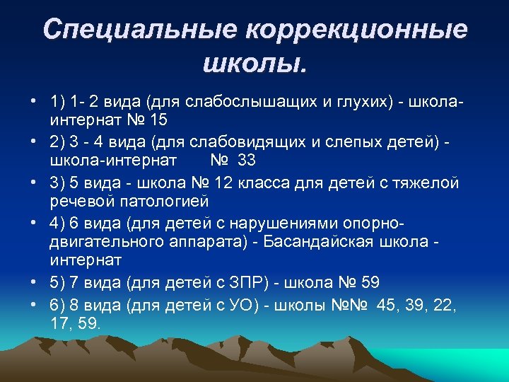 Специальные коррекционные школы. • 1) 1 - 2 вида (для слабослышащих и глухих) -