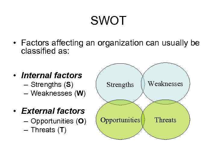 SWOT • Factors affecting an organization can usually be classified as: • Internal factors