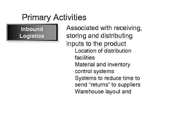 Primary Activities Inbound Logistics Associated with receiving, storing and distributing inputs to the product