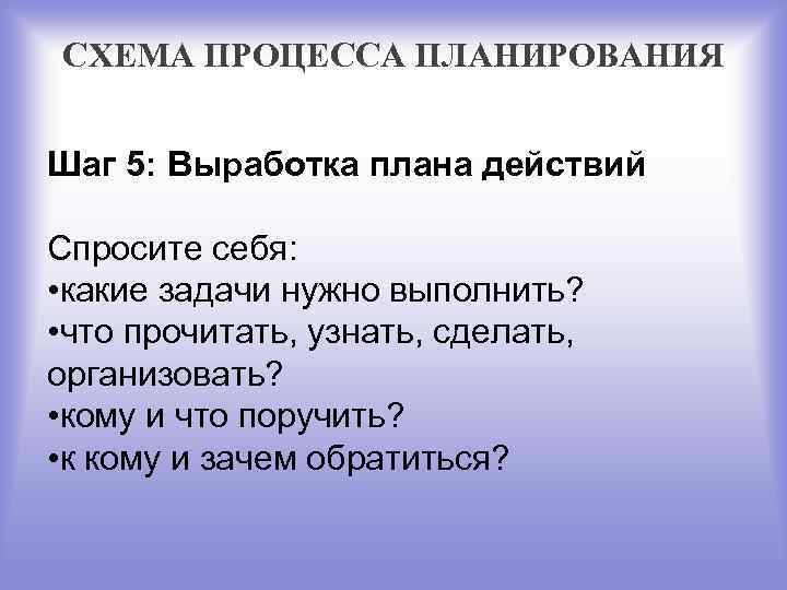 СХЕМА ПРОЦЕССА ПЛАНИРОВАНИЯ Шаг 5: Выработка плана действий Спросите себя: • какие задачи нужно