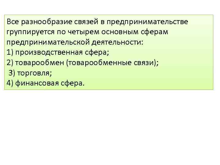 Все разнообразие связей в предпринимательстве группируется по четырем основным сферам предпринимательской деятельности: 1) производственная
