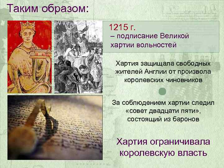 Таким образом: 1215 г. – подписание Великой хартии вольностей Хартия защищала свободных жителей Англии