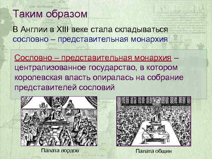 Таким образом В Англии в XIII веке стала складываться сословно – представительная монархия Сословно