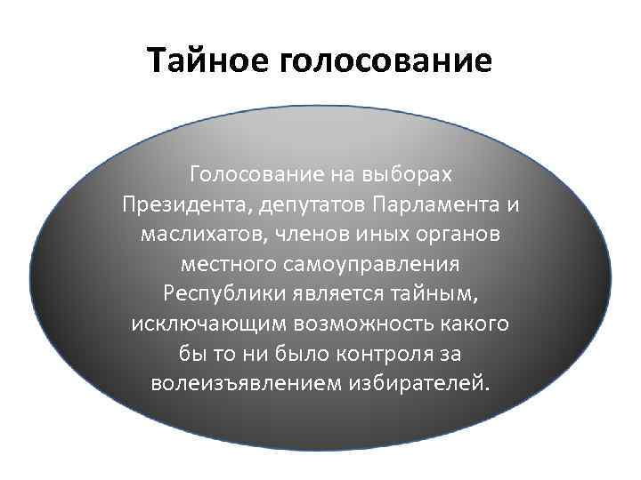 Тайное голосование Голосование на выборах Президента, депутатов Парламента и маслихатов, членов иных органов местного