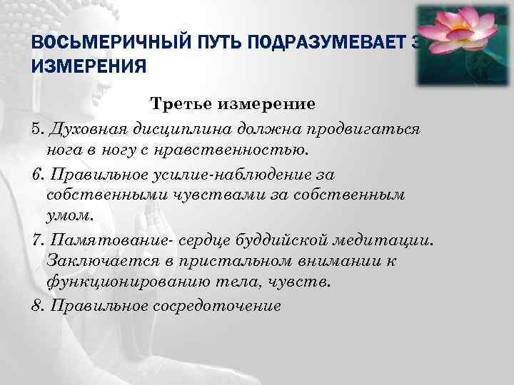 ВОСЬМЕРИЧНЫЙ ПУТЬ ПОДРАЗУМЕВАЕТ 3 ИЗМЕРЕНИЯ Третье измерение 5. Духовная дисциплина должна продвигаться нога в