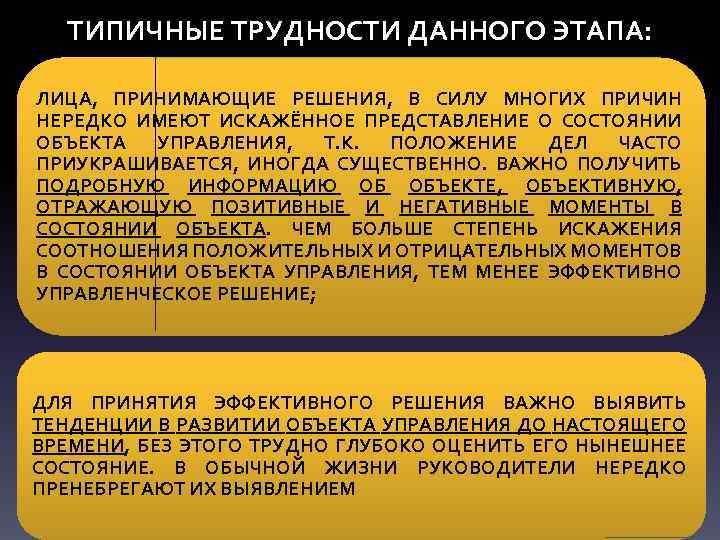 ТИПИЧНЫЕ ТРУДНОСТИ ДАННОГО ЭТАПА: ЛИЦА, ПРИНИМАЮЩИЕ РЕШЕНИЯ, В СИЛУ МНОГИХ ПРИЧИН НЕРЕДКО ИМЕЮТ ИСКАЖЁННОЕ