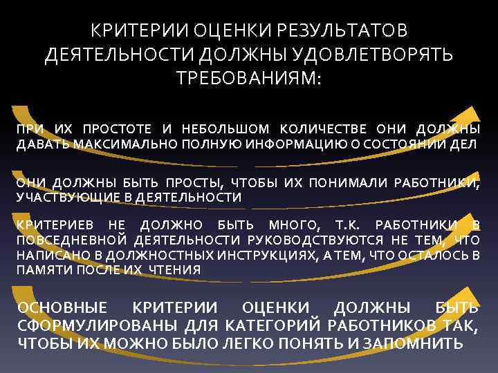 КРИТЕРИИ ОЦЕНКИ РЕЗУЛЬТАТОВ ДЕЯТЕЛЬНОСТИ ДОЛЖНЫ УДОВЛЕТВОРЯТЬ ТРЕБОВАНИЯМ: ПРИ ИХ ПРОСТОТЕ И НЕБОЛЬШОМ КОЛИЧЕСТВЕ ОНИ