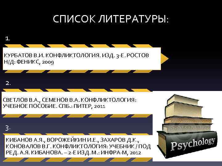 СПИСОК ЛИТЕРАТУРЫ: 1. КУРБАТОВ В. И. КОНФЛИКТОЛОГИЯ. ИЗД. 3 -Е. РОСТОВ Н/Д: ФЕНИКС, 2009