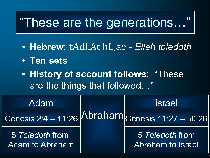 “These are the generations…” • Hebrew: t. Adl. At h. L, ae - Elleh