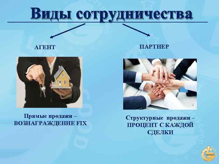 Виды сотрудничества АГЕНТ Прямые продажи – ВОЗНАГРАЖДЕНИЕ FIX ПАРТНЕР Структурные продажи – ПРОЦЕНТ С