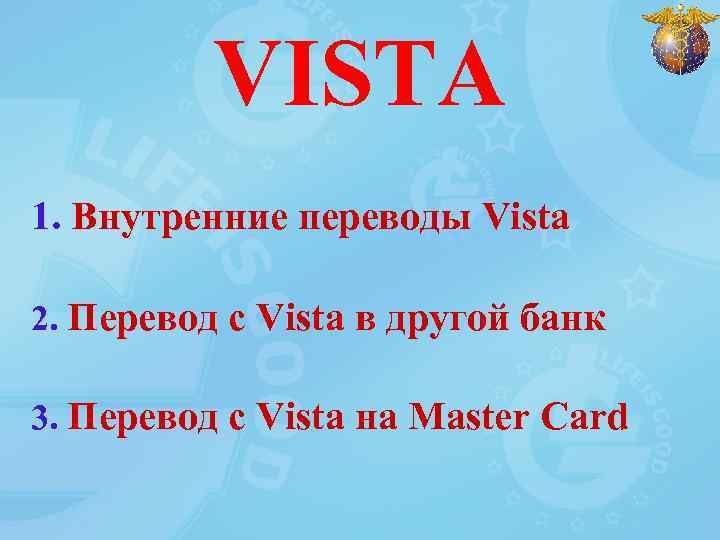 VISTA 1. Внутренние переводы Vista 2. Перевод с Vista в другой банк 3. Перевод