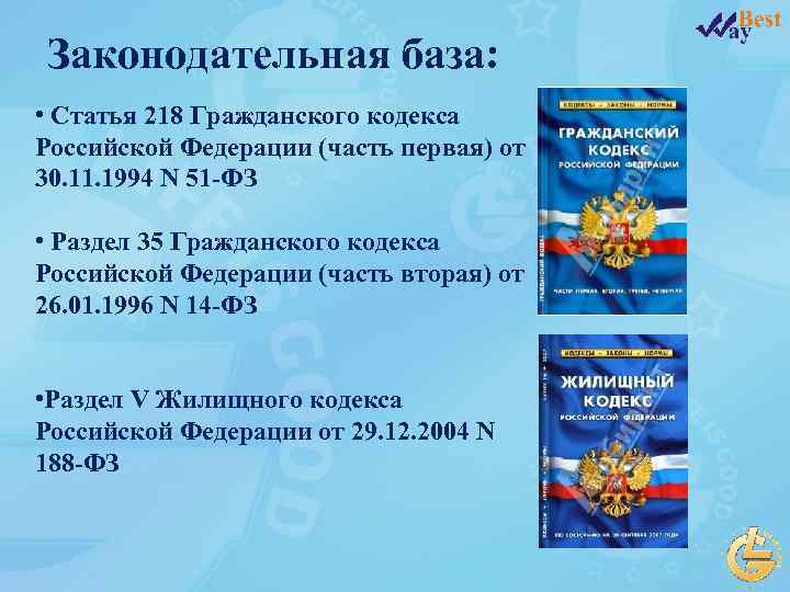 Законодательная база: • Статья 218 Гражданского кодекса Российской Федерации (часть первая) от 30. 11.
