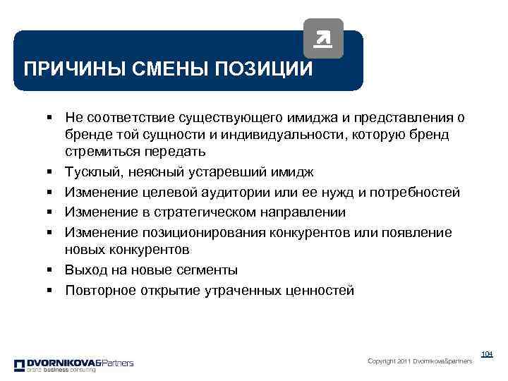 ПРИЧИНЫ СМЕНЫ ПОЗИЦИИ § Не соответствие существующего имиджа и представления о бренде той сущности