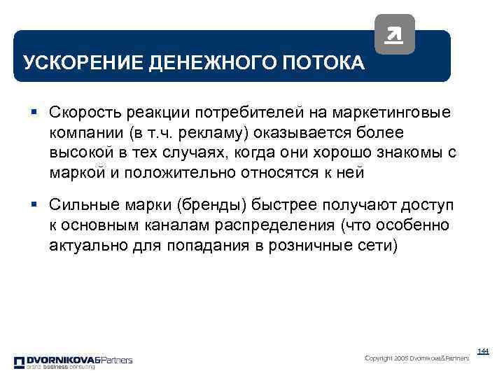 УСКОРЕНИЕ ДЕНЕЖНОГО ПОТОКА § Скорость реакции потребителей на маркетинговые компании (в т. ч. рекламу)