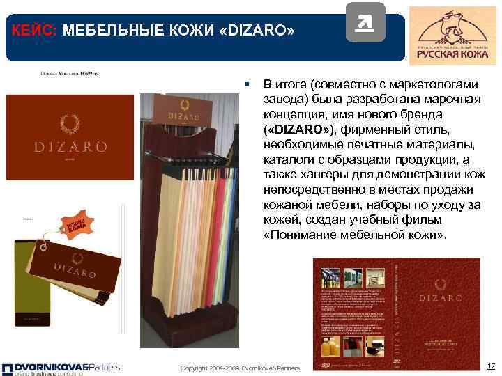 КЕЙС: МЕБЕЛЬНЫЕ КОЖИ «DIZARO» § В итоге (совместно с маркетологами завода) была разработана марочная