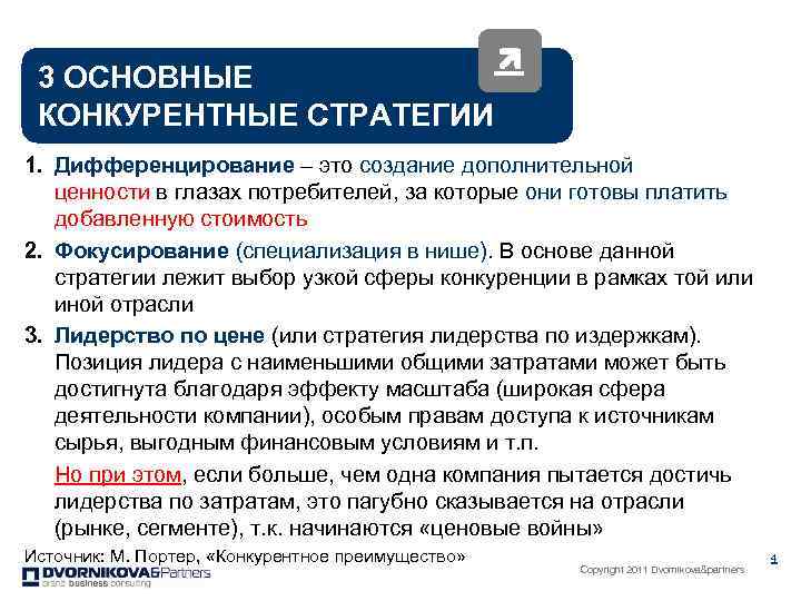 3 ОСНОВНЫЕ КОНКУРЕНТНЫЕ СТРАТЕГИИ 1. Дифференцирование – это создание дополнительной ценности в глазах потребителей,