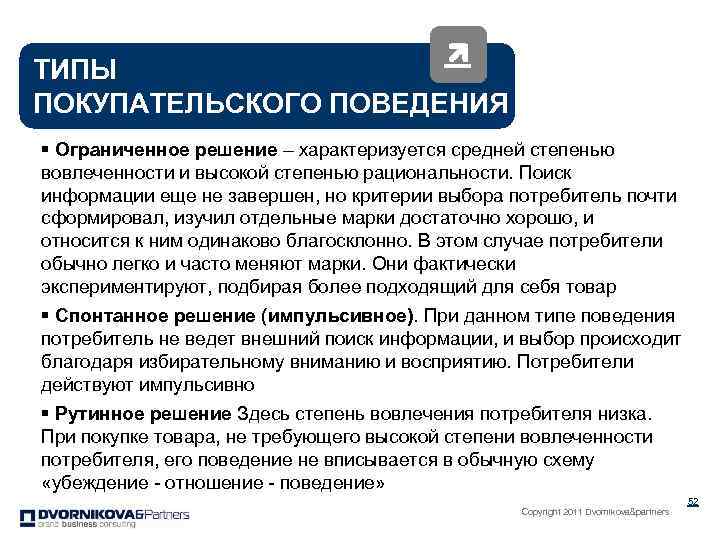 ТИПЫ ПОКУПАТЕЛЬСКОГО ПОВЕДЕНИЯ § Ограниченное решение – характеризуется средней степенью вовлеченности и высокой степенью