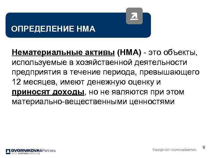 ОПРЕДЕЛЕНИЕ НМА Нематериальные активы (НМА) - это объекты, используемые в хозяйственной деятельности предприятия в