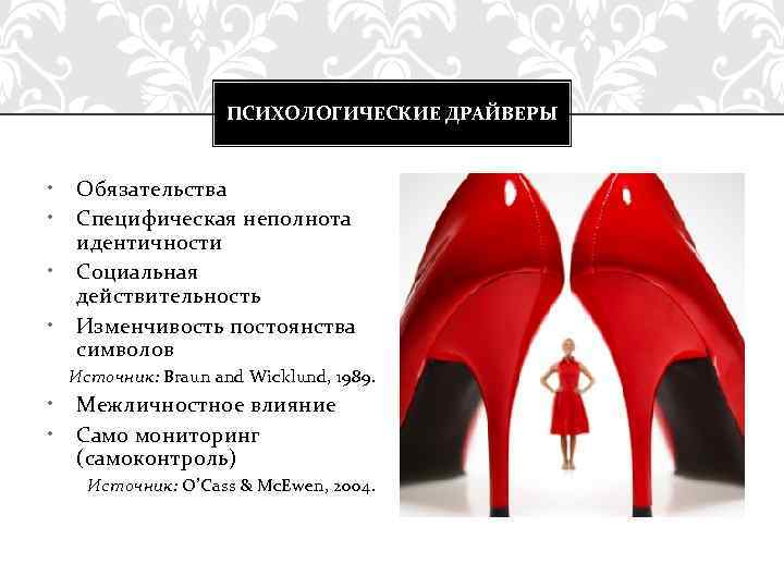 ПСИХОЛОГИЧЕСКИЕ ДРАЙВЕРЫ • • Обязательства Специфическая неполнота идентичности Социальная действительность Изменчивость постоянства символов Источник: