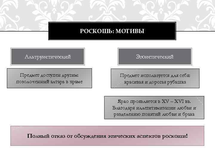 РОСКОШЬ: МОТИВЫ Альтруистический Предмет доступен другим: позолоченный алтарь в храме Эгоистический Предмет используется для