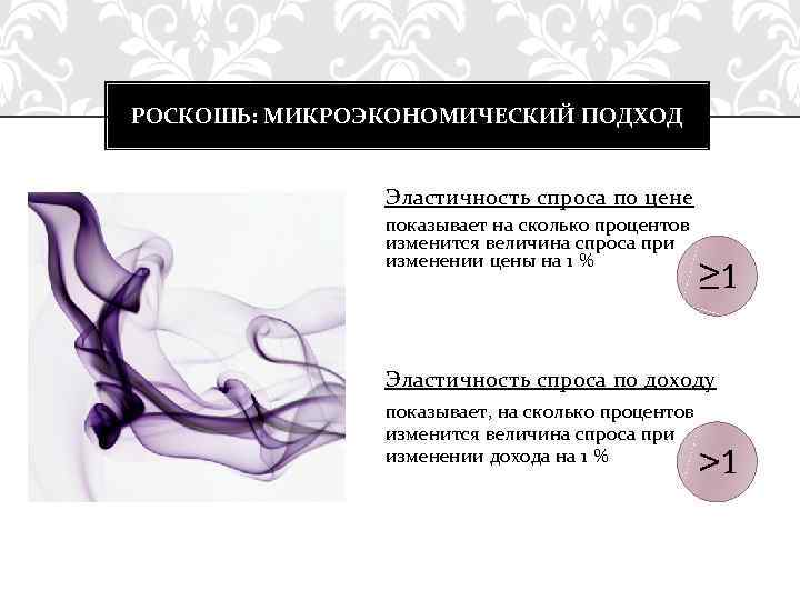 РОСКОШЬ: МИКРОЭКОНОМИЧЕСКИЙ ПОДХОД Эластичность спроса по цене показывает на сколько процентов изменится величина спроса