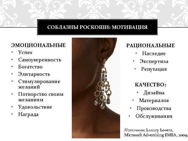 СОБЛАЗНЫ РОСКОШИ: МОТИВАЦИЯ ЭМОЦИОНАЛЬНЫЕ • Успех • Самоуверенность • Богатство • Элитарность • Стимулирование