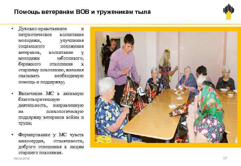 Помощь ветеранам ВОВ и труженикам тыла • Духовно-нравственное и патриотическое воспитание молодежи, улучшения социального