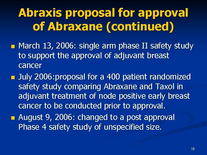 Abraxis proposal for approval of Abraxane (continued) n n n March 13, 2006: single