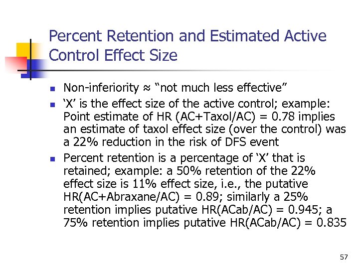 Percent Retention and Estimated Active Control Effect Size n n n Non-inferiority ≈ “not