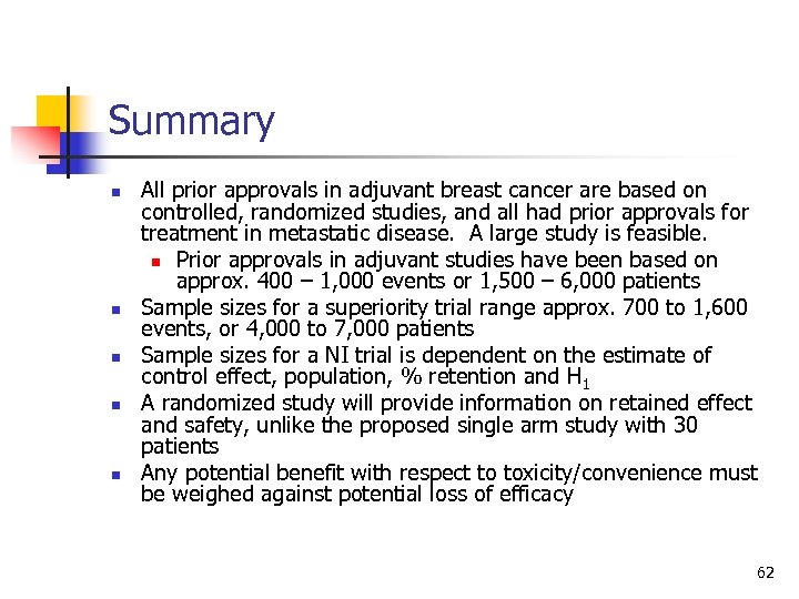 Summary n n n All prior approvals in adjuvant breast cancer are based on