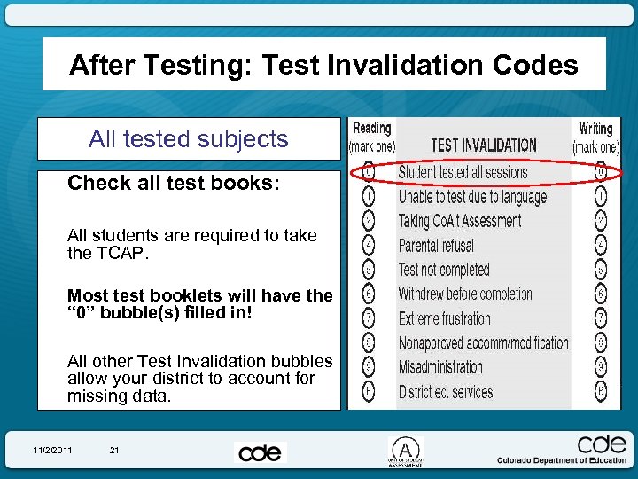 After Testing: Test Invalidation Codes All tested subjects Check all test books: All students