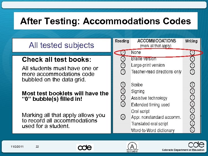 After Testing: Accommodations Codes All tested subjects Check all test books: All students must