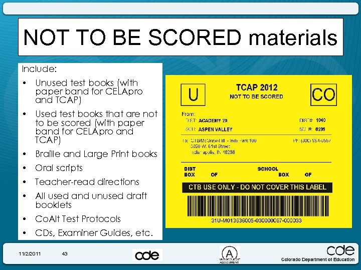 NOT TO BE SCORED materials Include: • Unused test books (with paper band for