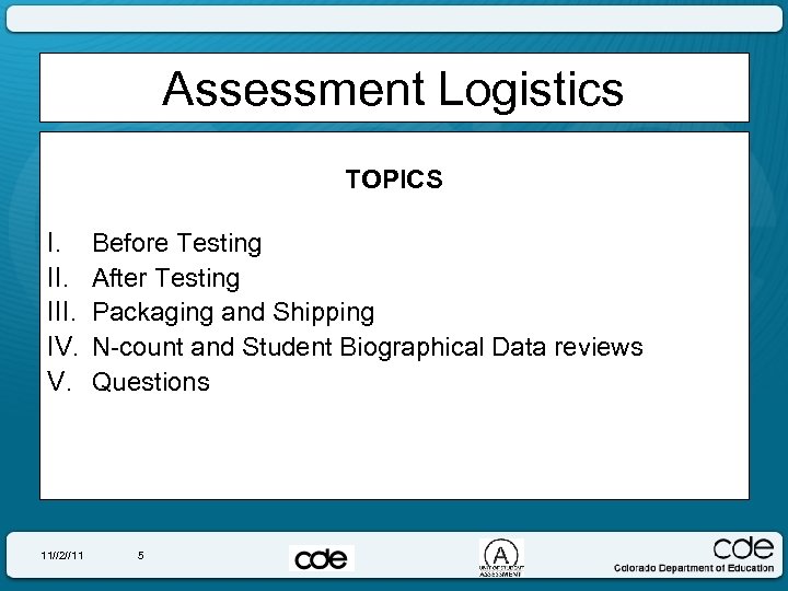 Assessment Logistics TOPICS I. III. IV. V. 11//2//11 Before Testing After Testing Packaging and