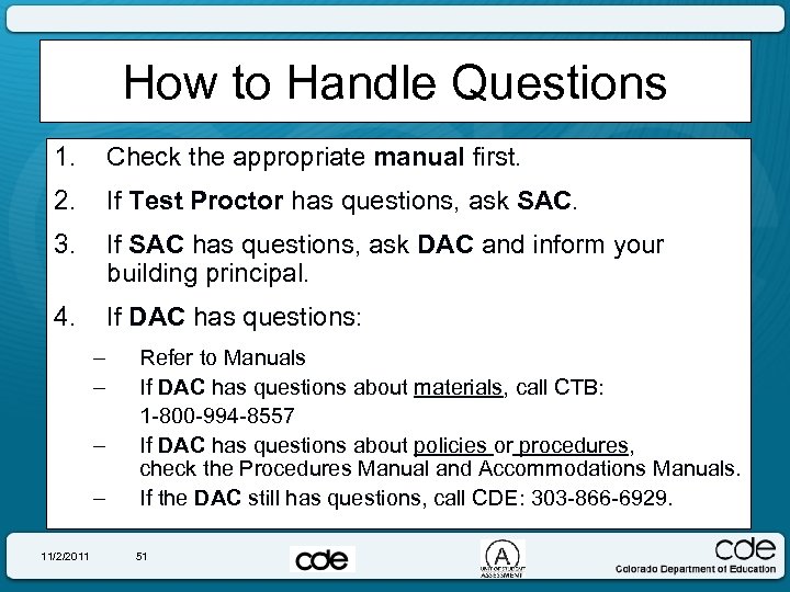 How to Handle Questions 1. Check the appropriate manual first. 2. If Test Proctor