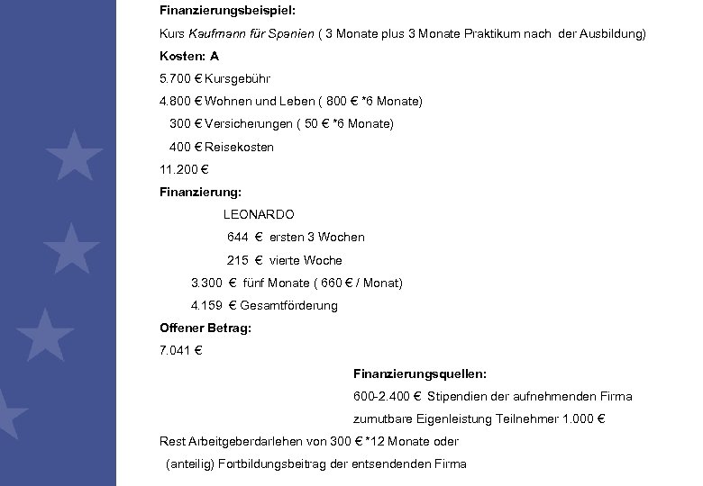 Finanzierungsbeispiel: Kurs Kaufmann für Spanien ( 3 Monate plus 3 Monate Praktikum nach der
