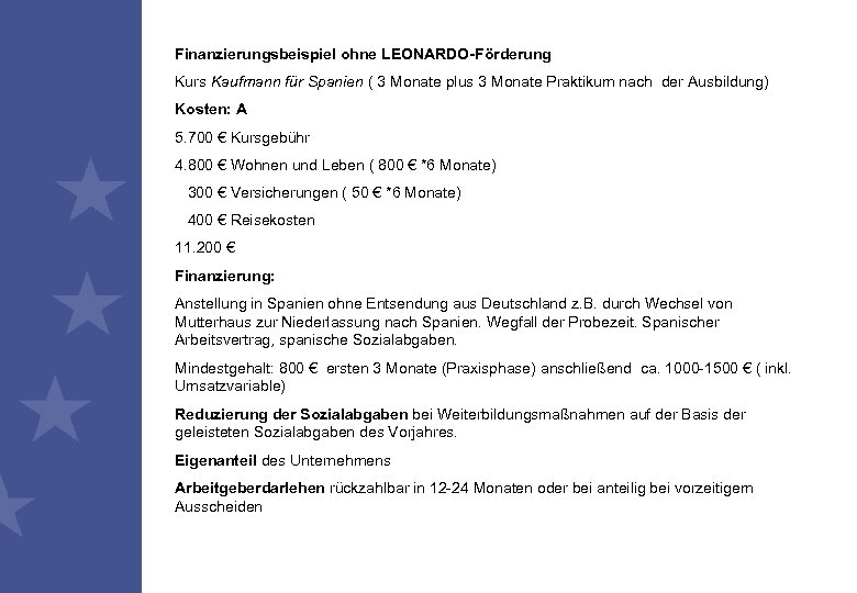 Finanzierungsbeispiel ohne LEONARDO-Förderung Kurs Kaufmann für Spanien ( 3 Monate plus 3 Monate Praktikum