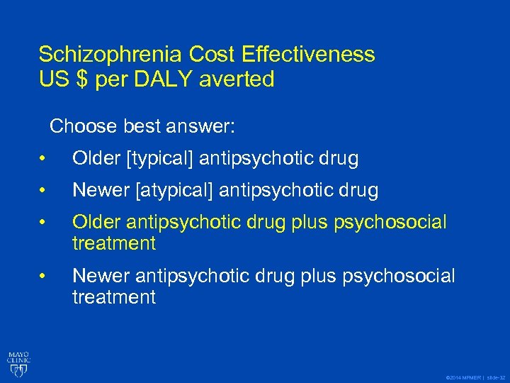 Schizophrenia Cost Effectiveness US $ per DALY averted Choose best answer: • Older [typical]