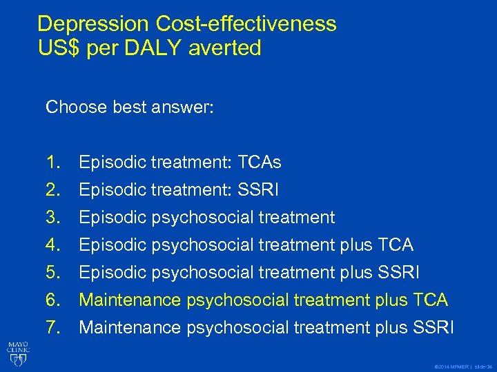Depression Cost-effectiveness US$ per DALY averted Choose best answer: 1. Episodic treatment: TCAs 2.