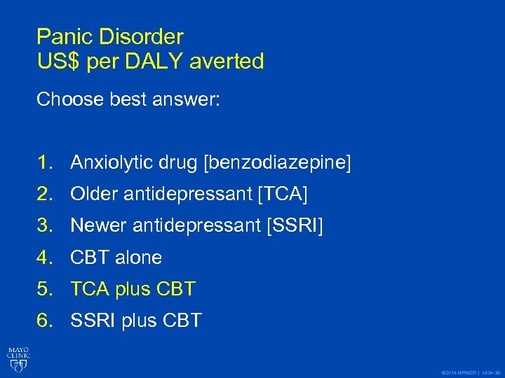Panic Disorder US$ per DALY averted Choose best answer: 1. Anxiolytic drug [benzodiazepine] 2.
