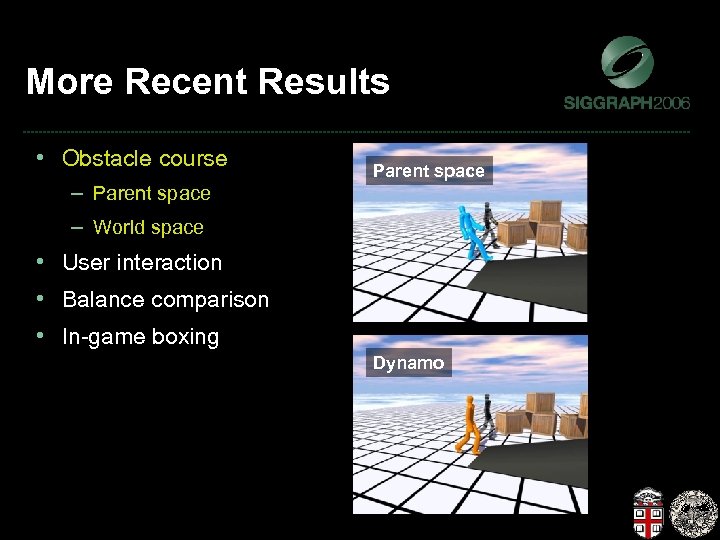 More Recent Results • Obstacle course – Parent space – World space Parent space