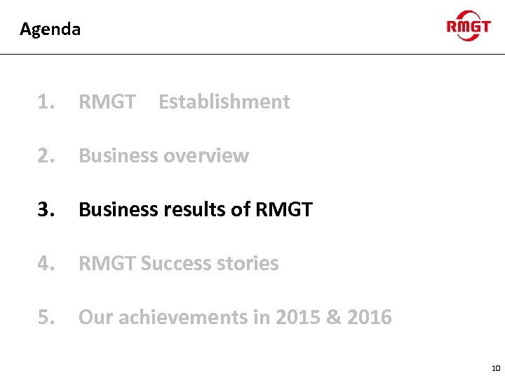 Agenda 1. RMGT　Establishment 2. Business overview 3. Business results of RMGT 4. RMGT Success