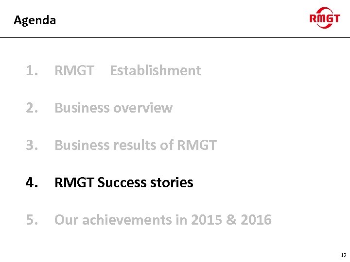 Agenda 1. RMGT　Establishment 2. Business overview 3. Business results of RMGT 4. RMGT Success