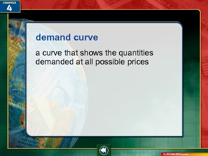 demand curve a curve that shows the quantities demanded at all possible prices 