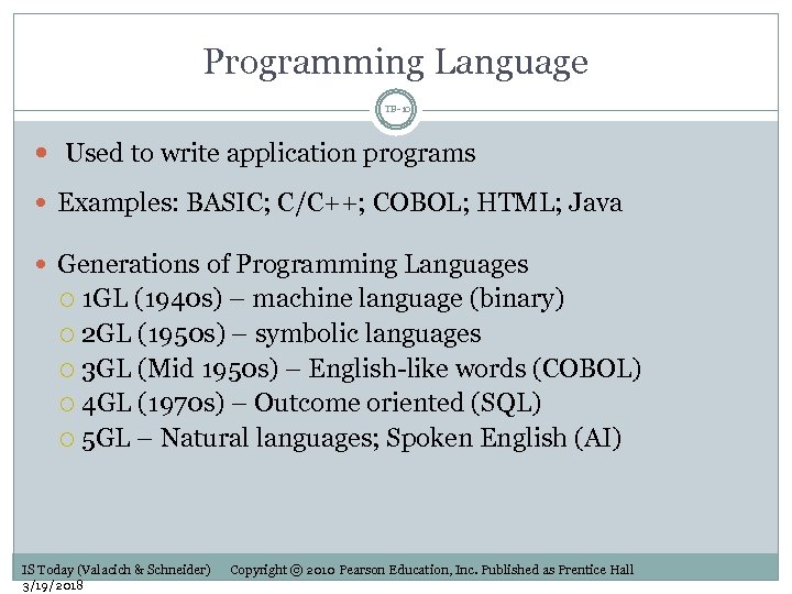 Programming Language TB-10 Used to write application programs Examples: BASIC; C/C++; COBOL; HTML; Java