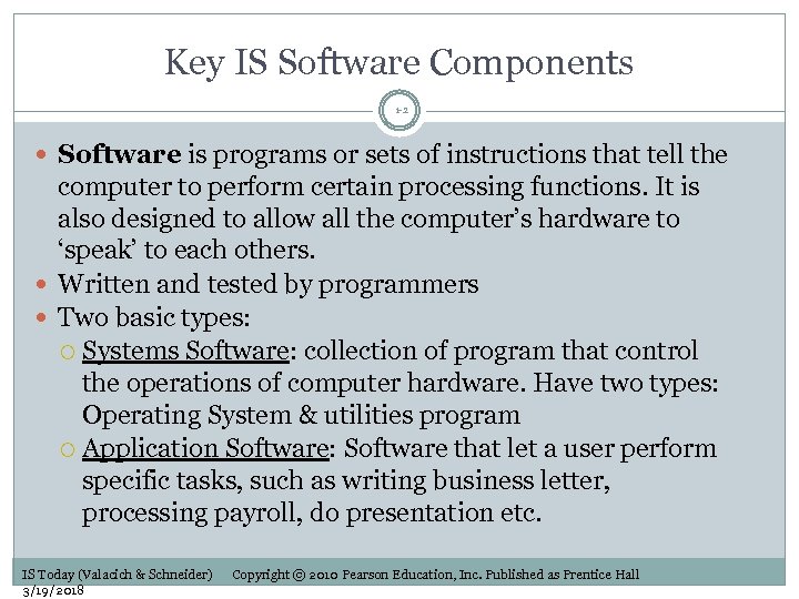 Key IS Software Components 1 -2 Software is programs or sets of instructions that