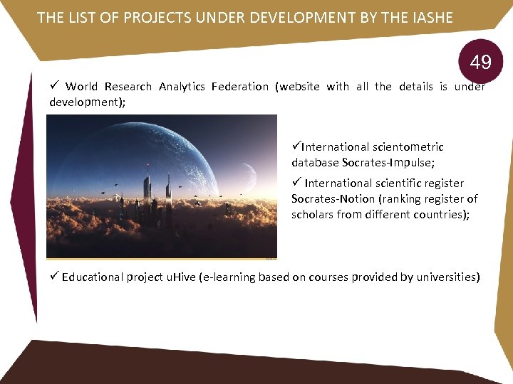 THE LIST OF PROJECTS UNDER DEVELOPMENT BY THE IASHE 49 ü World Research Analytics