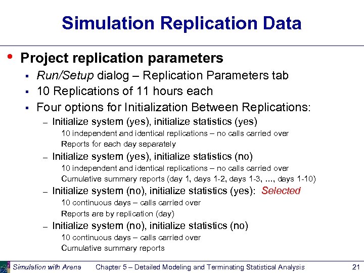 Simulation Replication Data • Project replication parameters § § § Run/Setup dialog – Replication